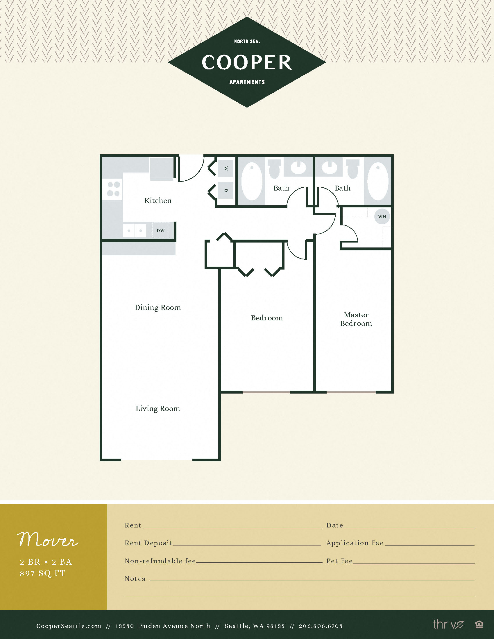 Floor plan for 2 beds, 2 baths, 954 sqft